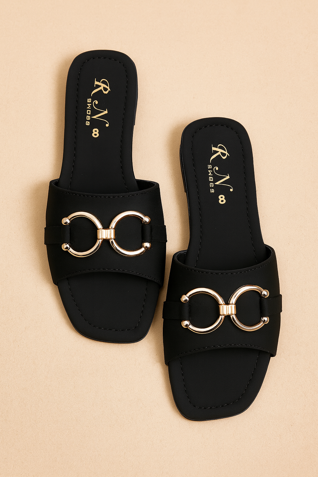Elegant Black Women’s Slide Sandals with Gold Buckle Accent